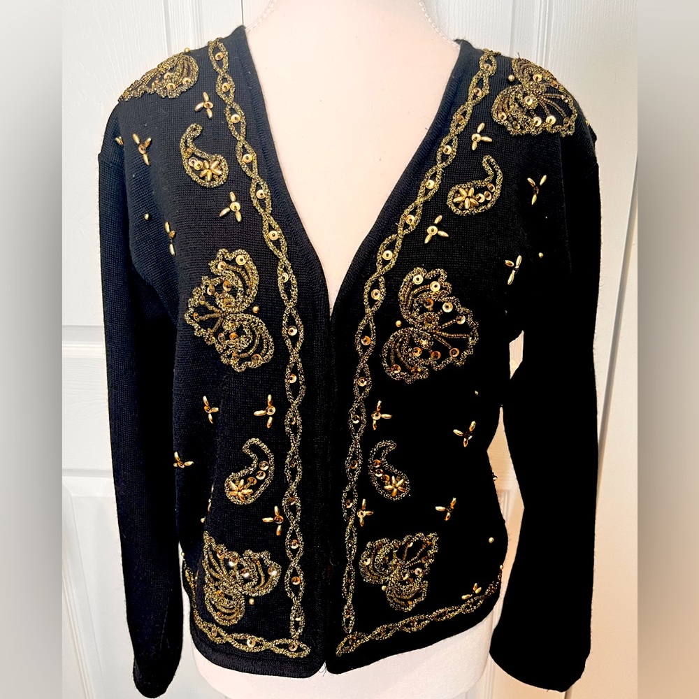 Vintage black cardigan with gold design embellishment